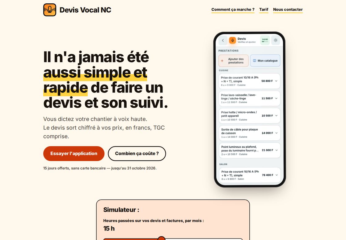 Devis Vocal NC homepage, first screen