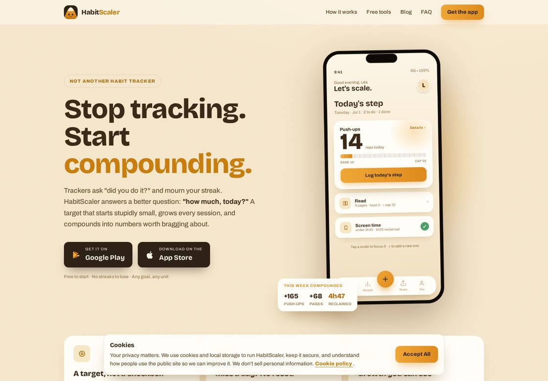 HabitScaler homepage, first screen