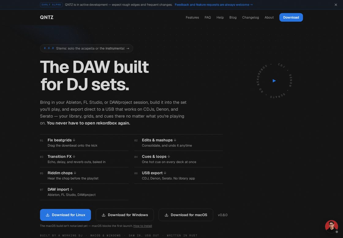 QNTZ homepage, first screen