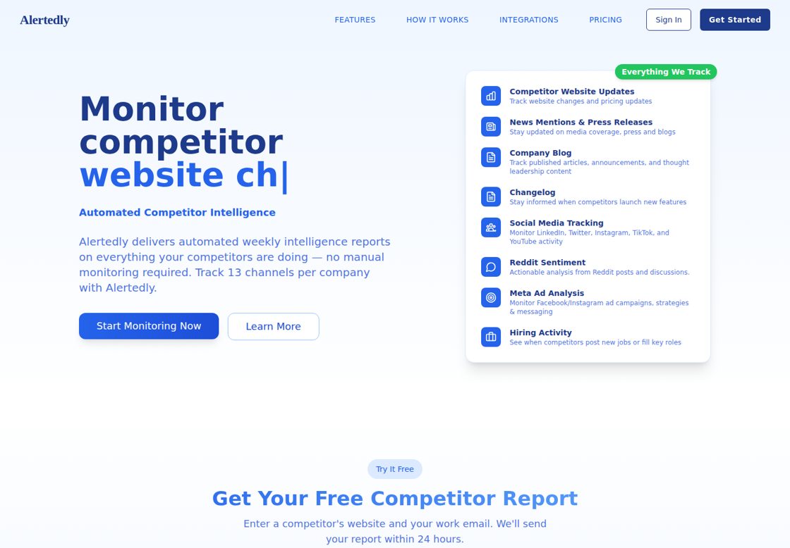 Alertedly homepage, first screen