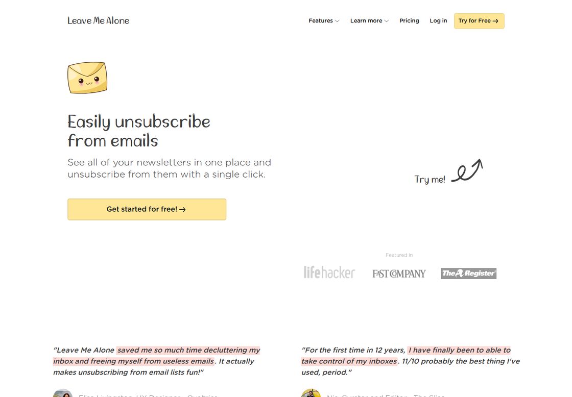 Leave Me Alone homepage, first screen