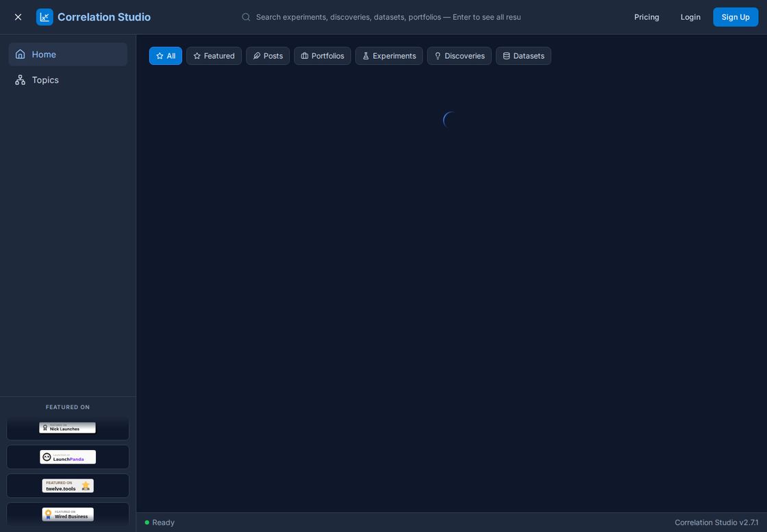 Correlation Studio homepage, first screen