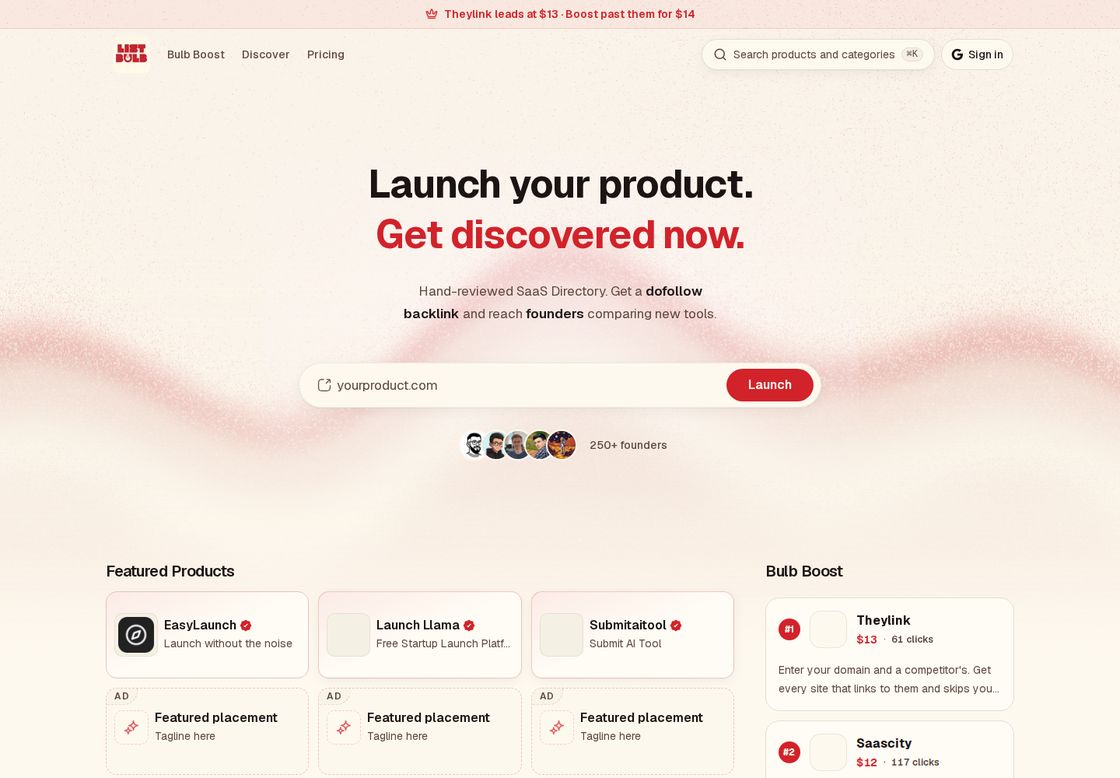 Listbulb homepage, first screen