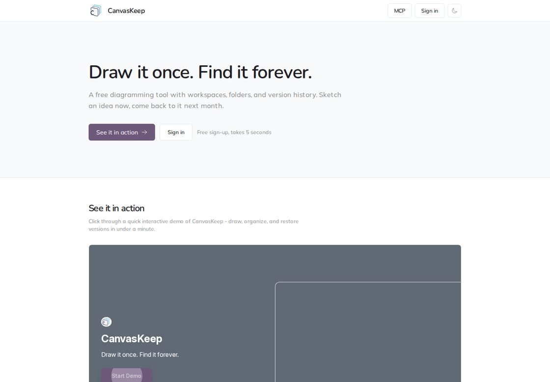 CanvasKeep homepage, first screen
