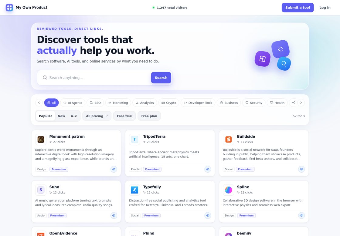 My Own Product homepage, first screen