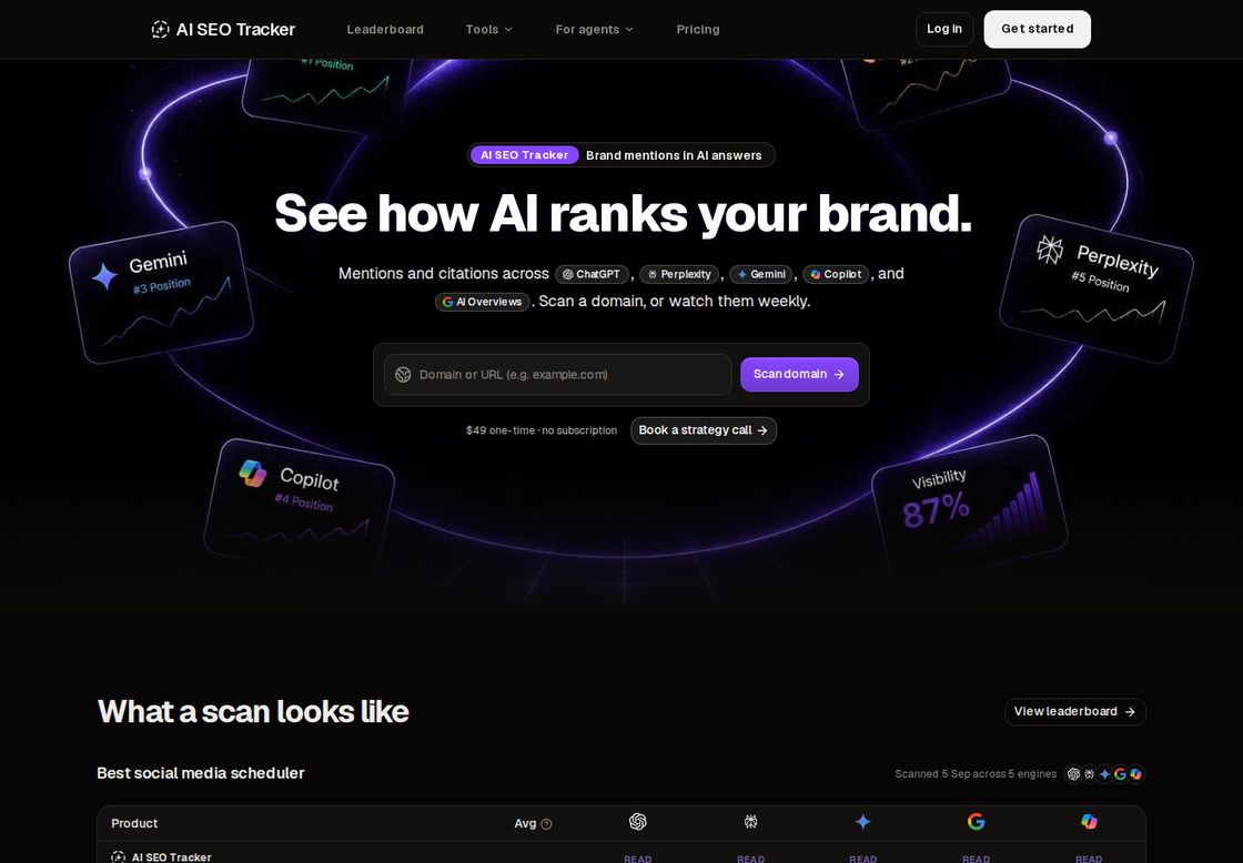 AI SEO Tracker homepage, first screen