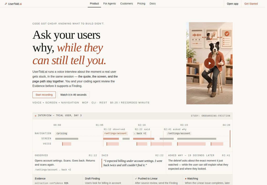 UserTold homepage, first screen