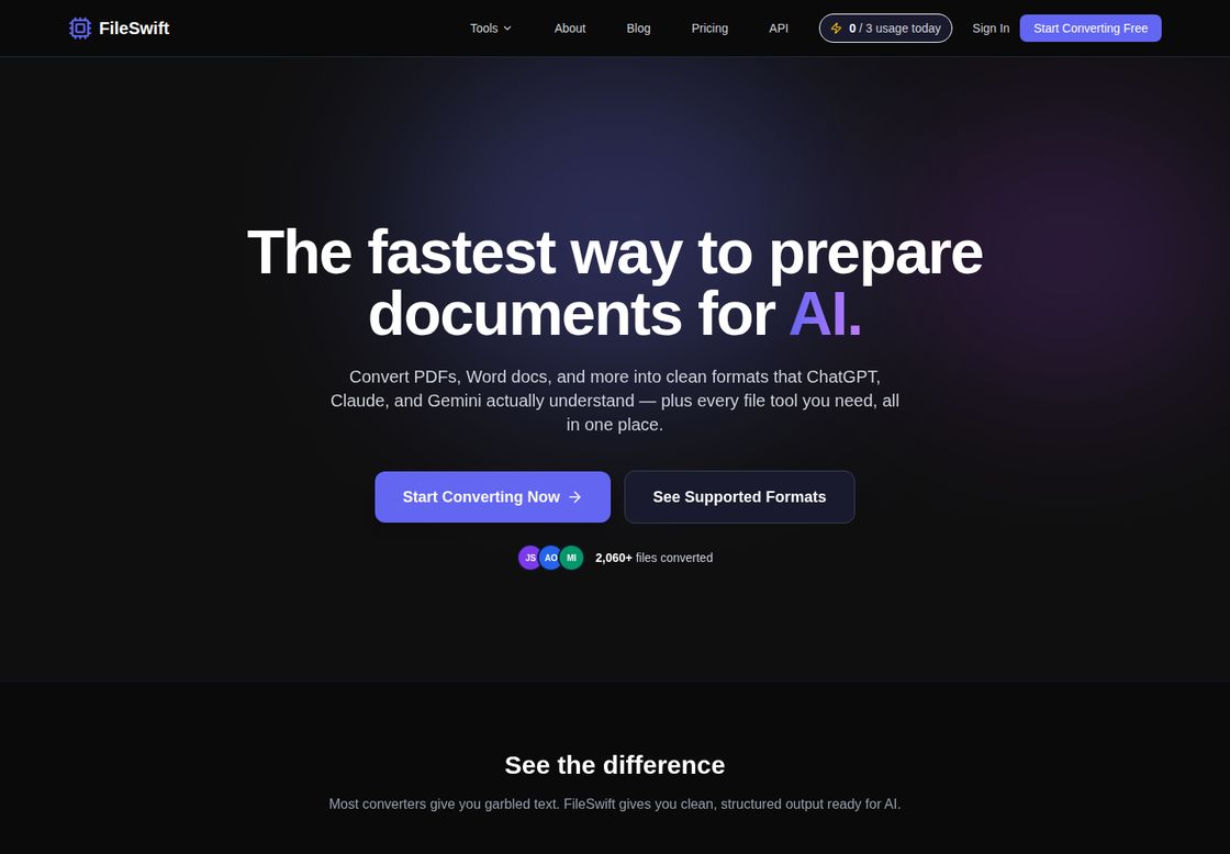 FileSwift homepage, first screen