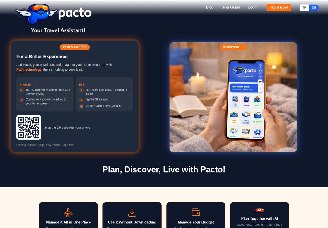 Pacto homepage, first screen