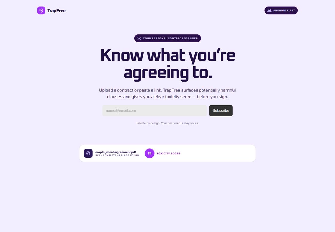 TrapFree homepage, first screen