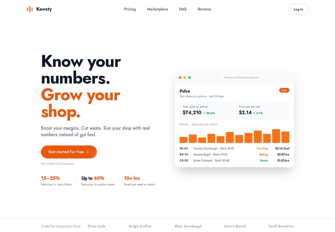 Kawsty homepage, first screen