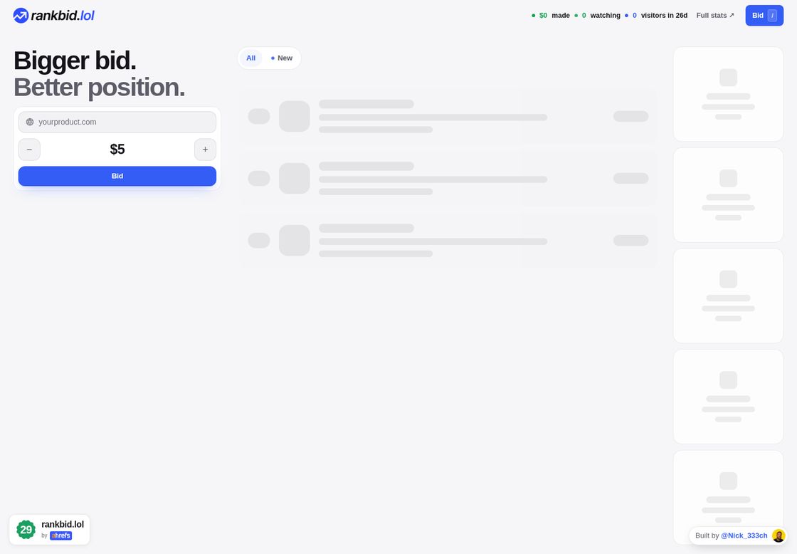 rankbid.lol homepage, first screen