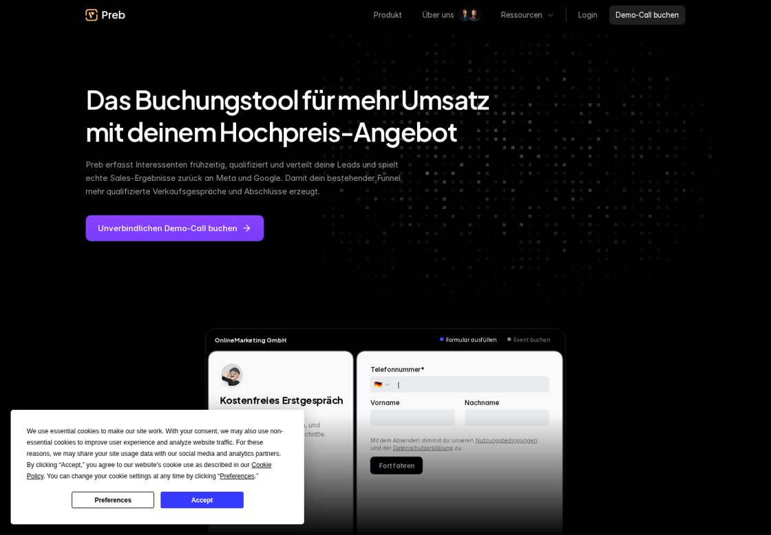 Preb homepage, first screen