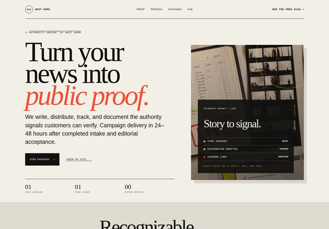 Authority Engine homepage, first screen