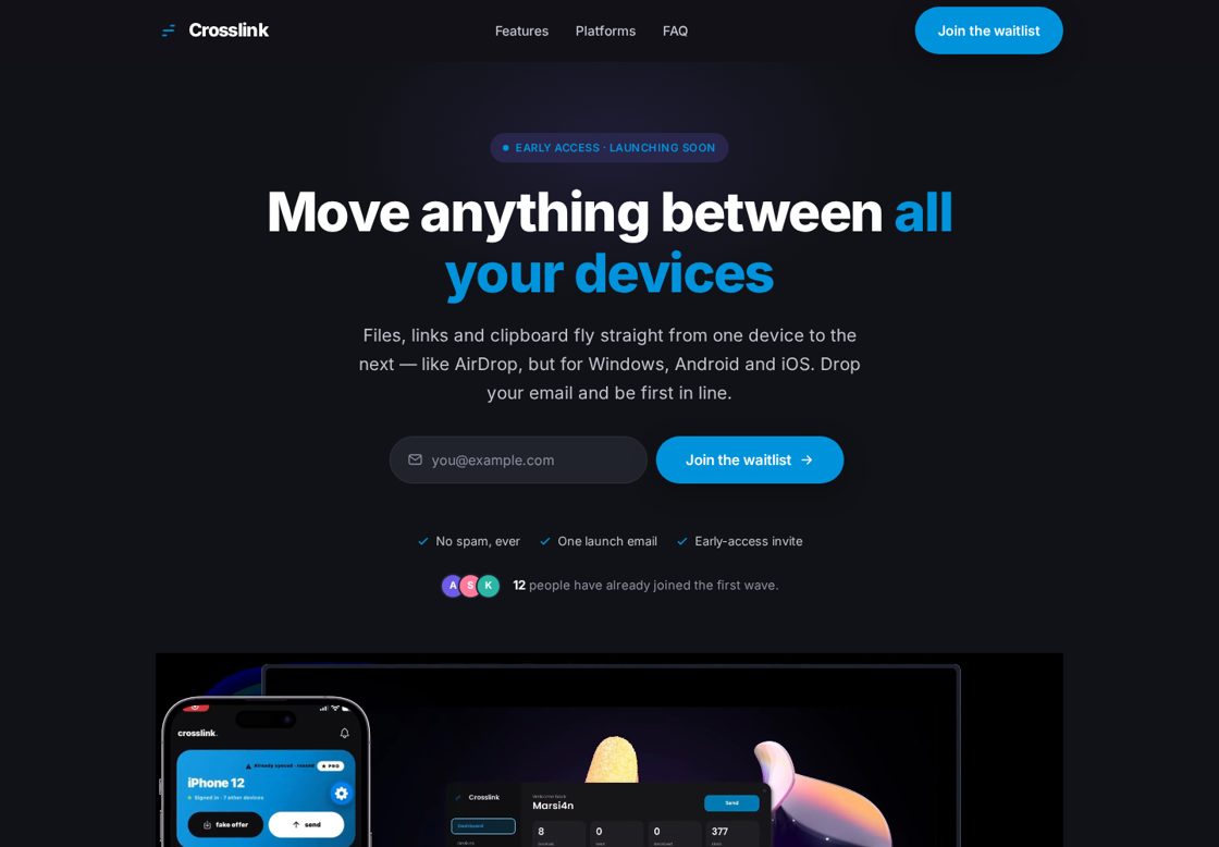 Crosslink homepage, first screen