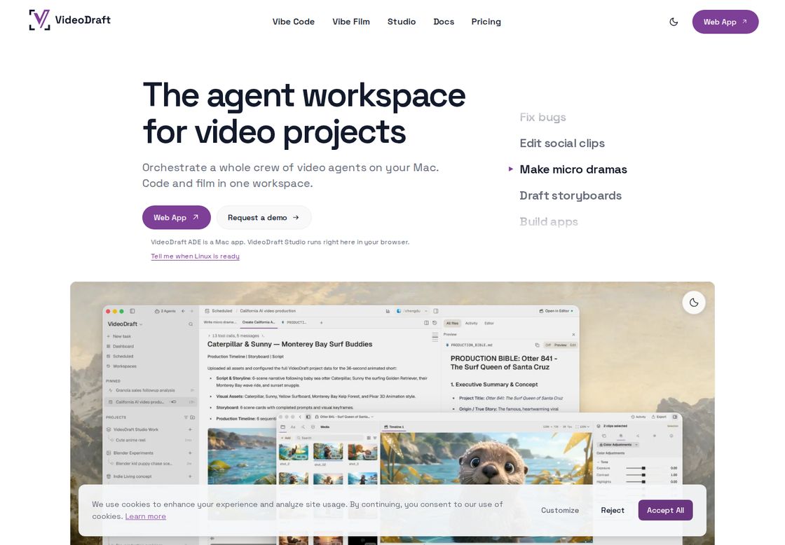 VideoDraft homepage, first screen