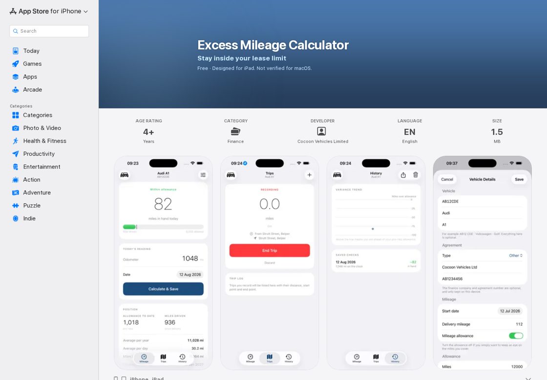 Excess Mileage Calculator homepage, first screen