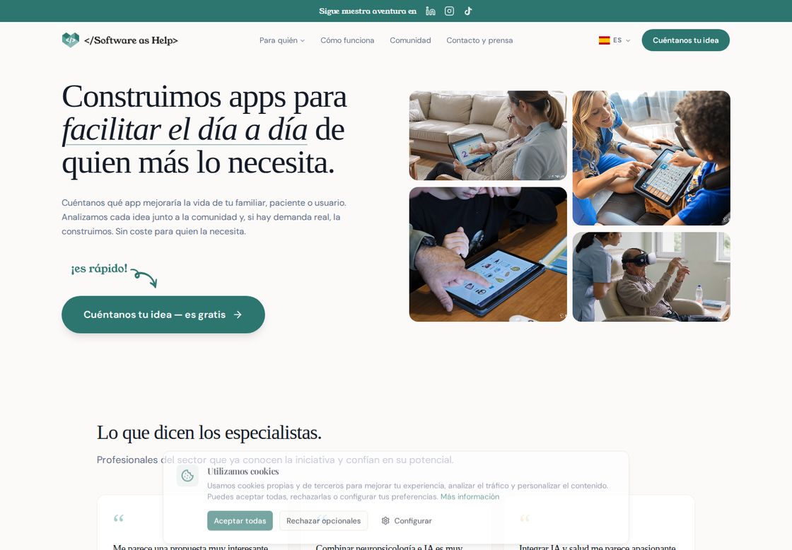 Software as Help homepage, first screen