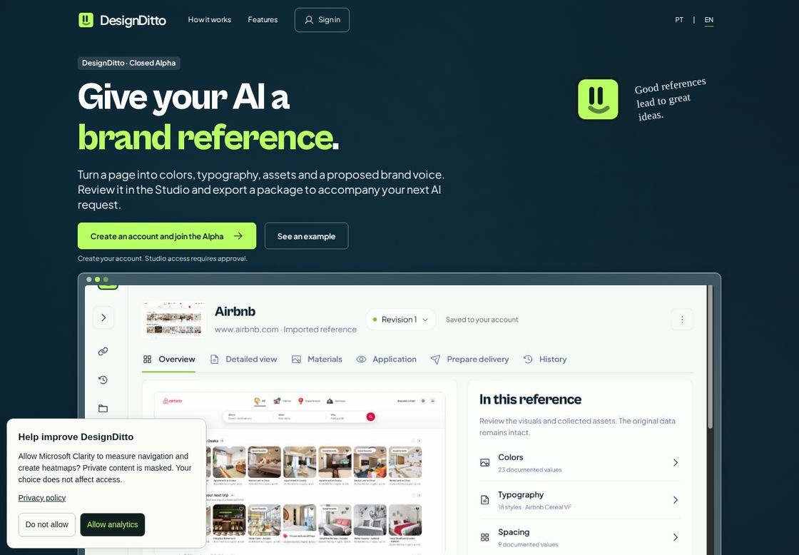 DesignDitto homepage, first screen