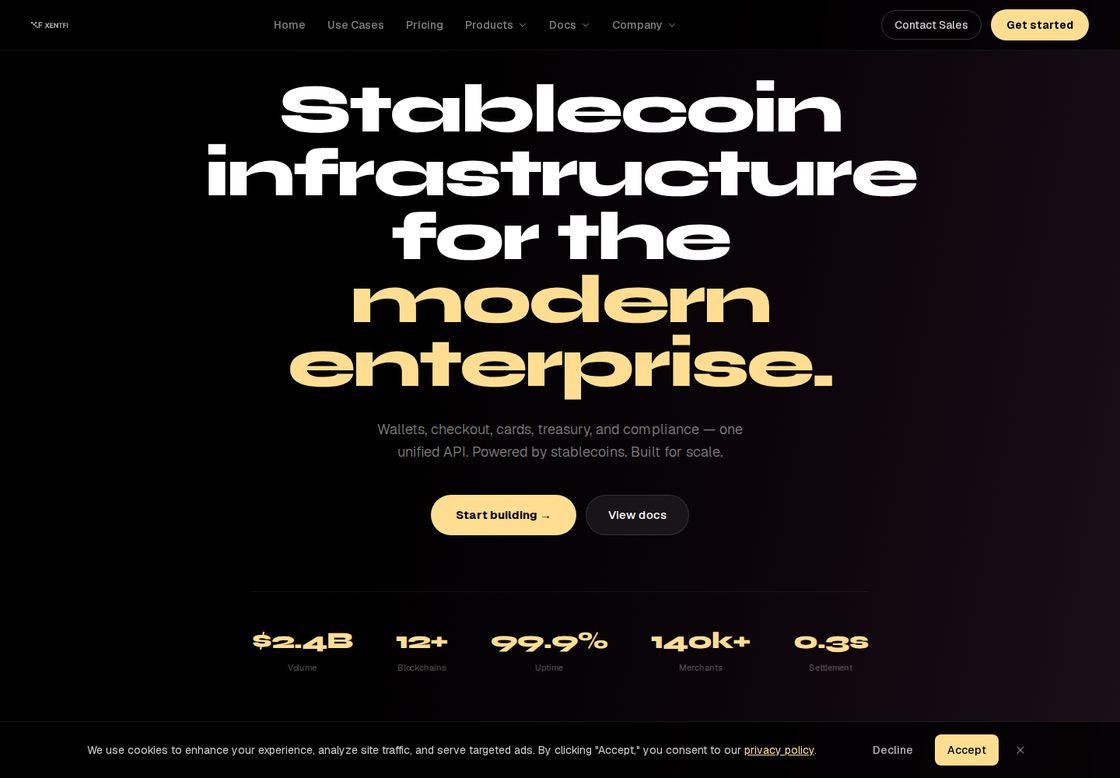 XentFi homepage, first screen