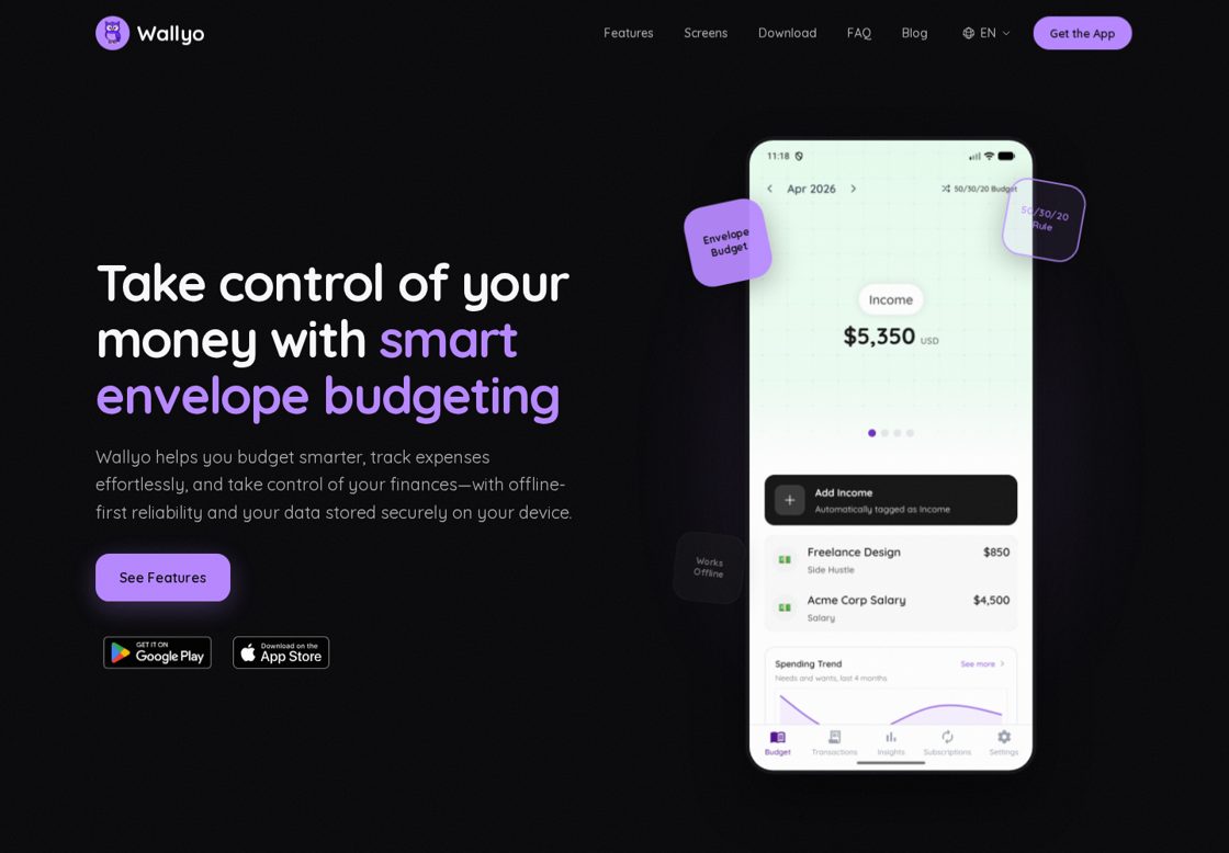 Wallyo homepage, first screen