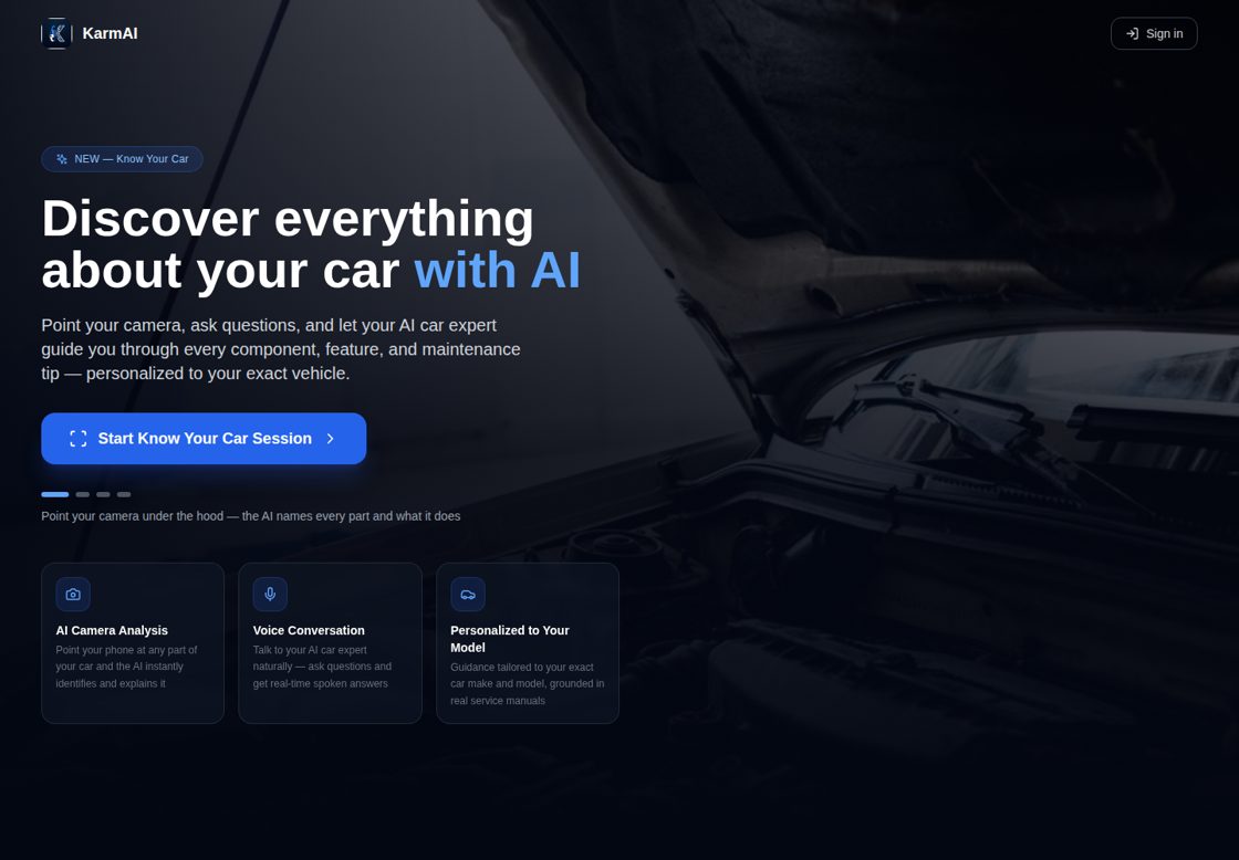 KarmAI homepage, first screen