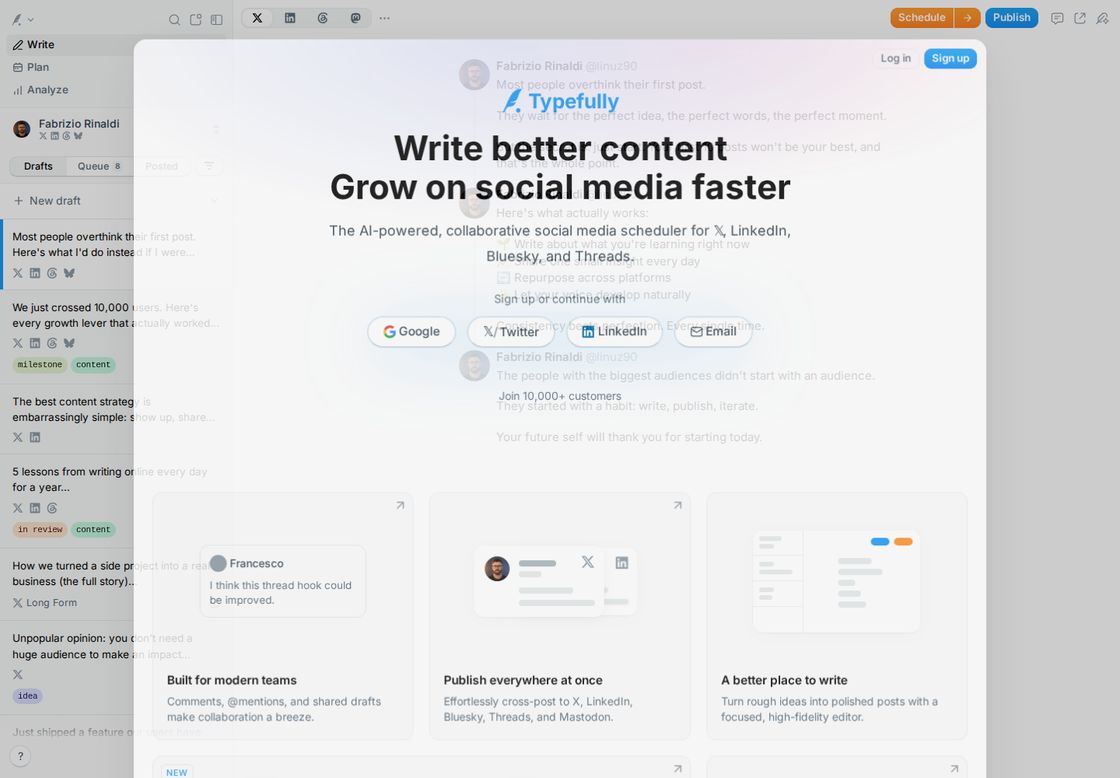 Typefully homepage, first screen