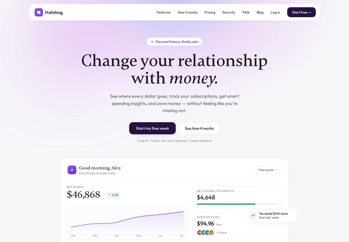 Hatching homepage, first screen