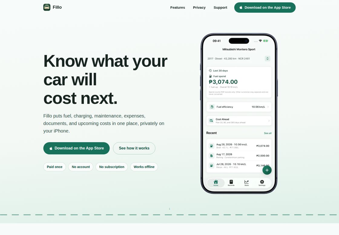 Fillo homepage, first screen