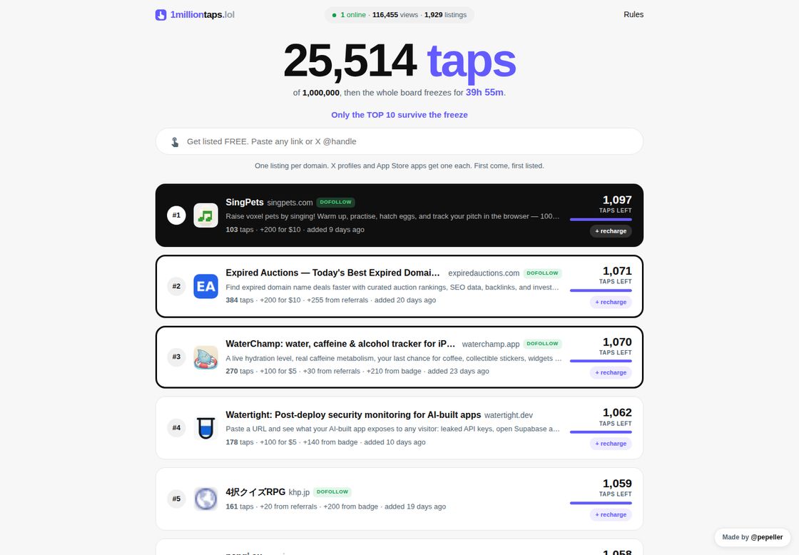 1milliontaps.lol homepage, first screen