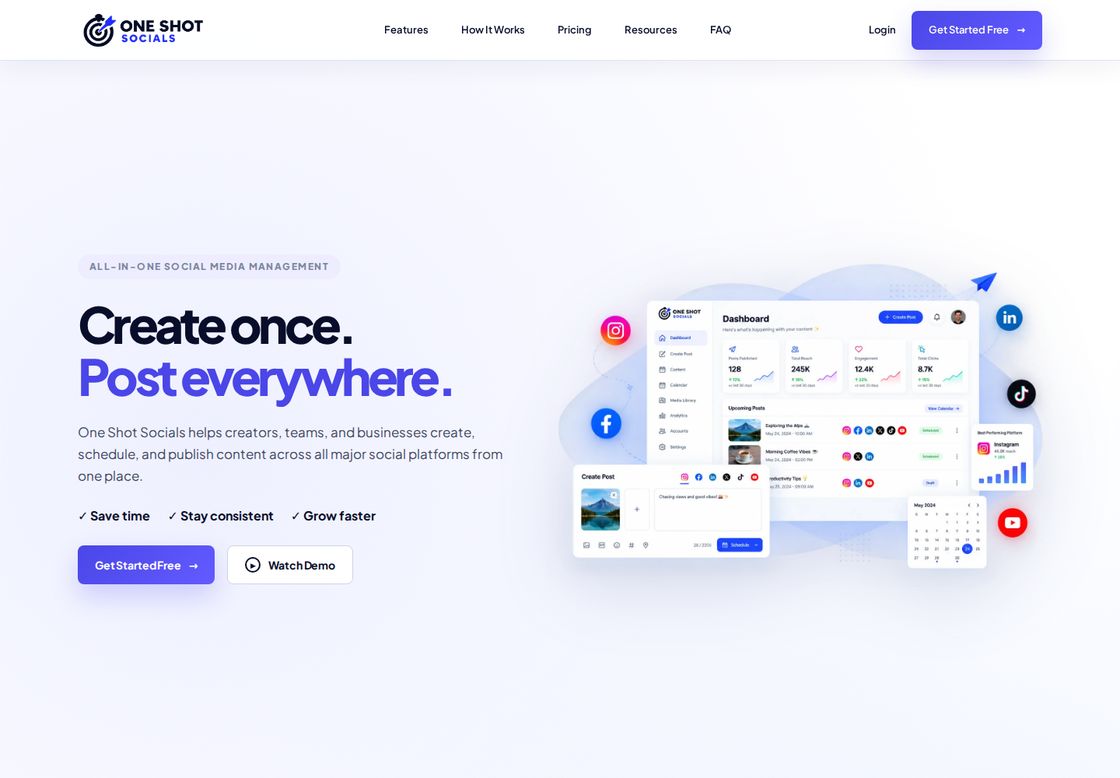 OneShotSocials homepage, first screen