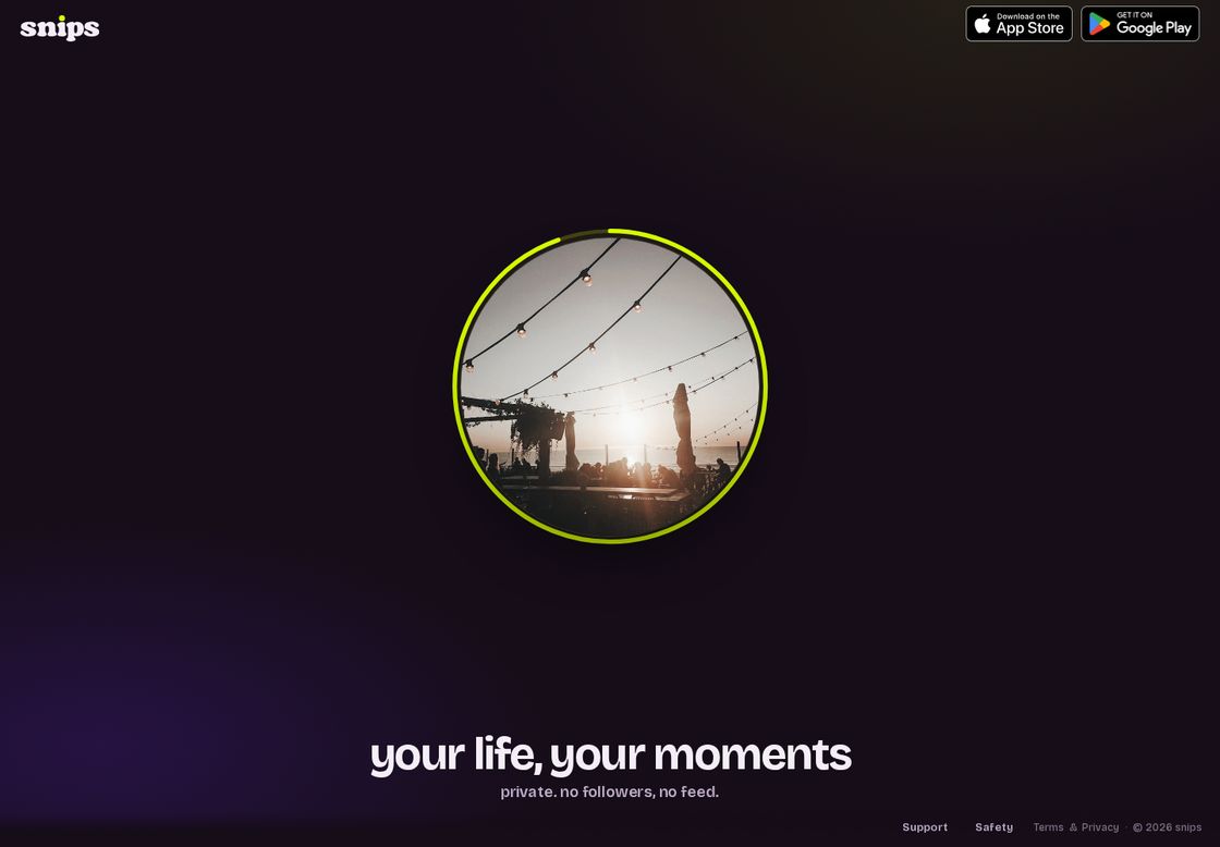 snips homepage, first screen