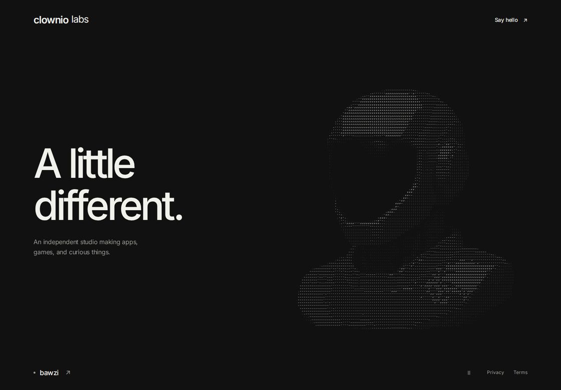 Clownio homepage, first screen