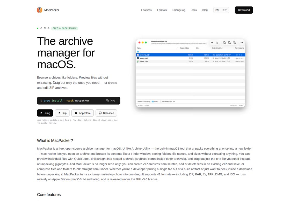 MacPacker homepage, first screen