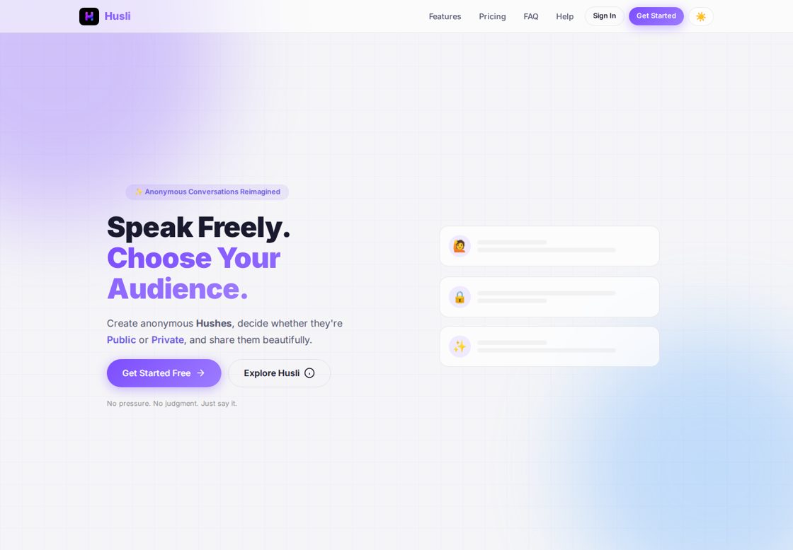 Husli homepage, first screen