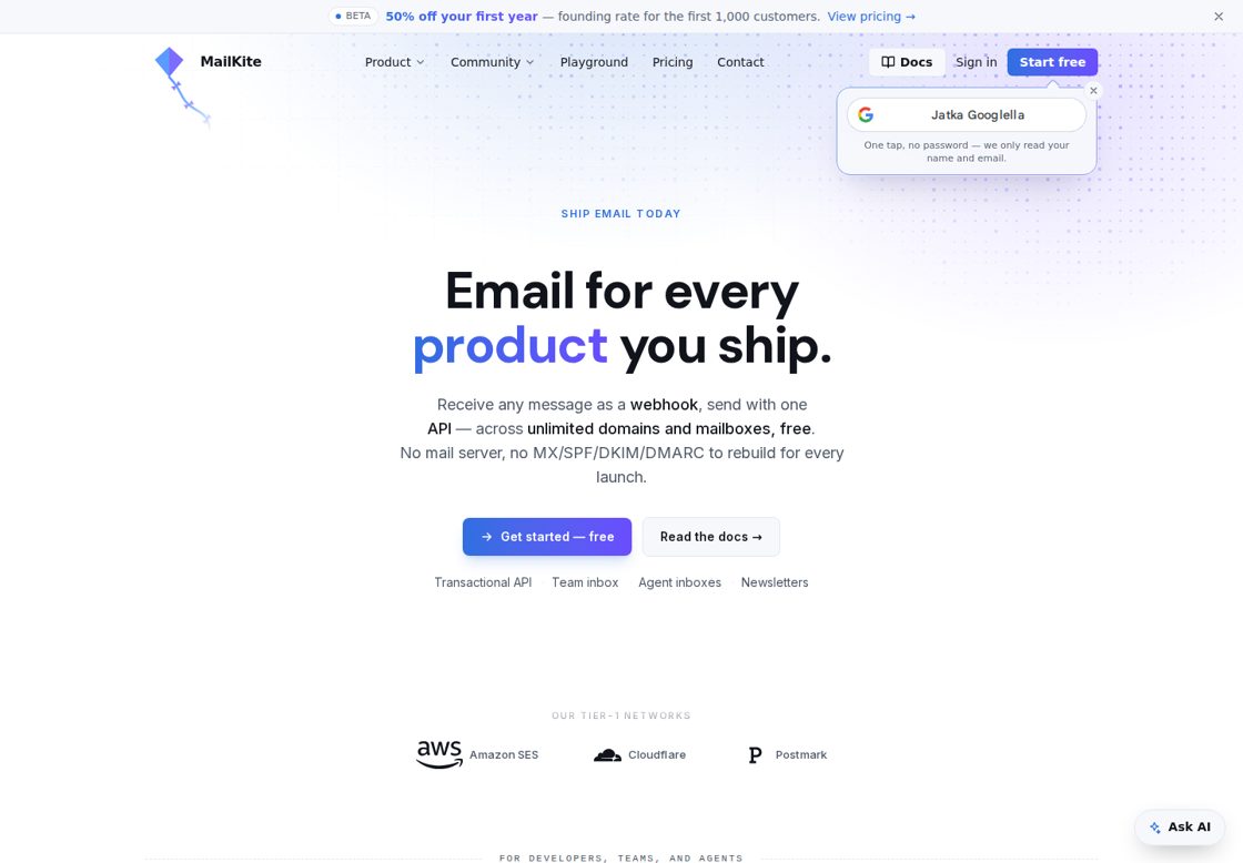 MailKite homepage, first screen