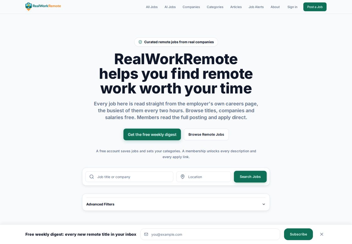 Real Work Remote homepage, first screen