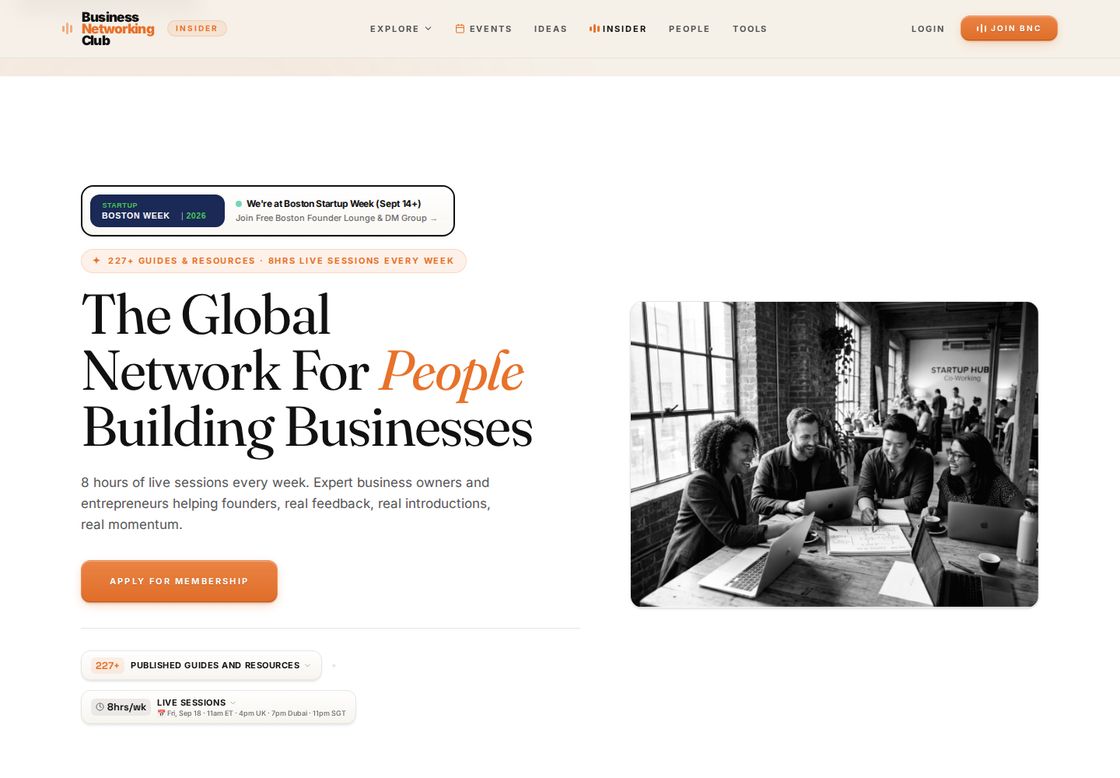 Business Networking Club homepage, first screen