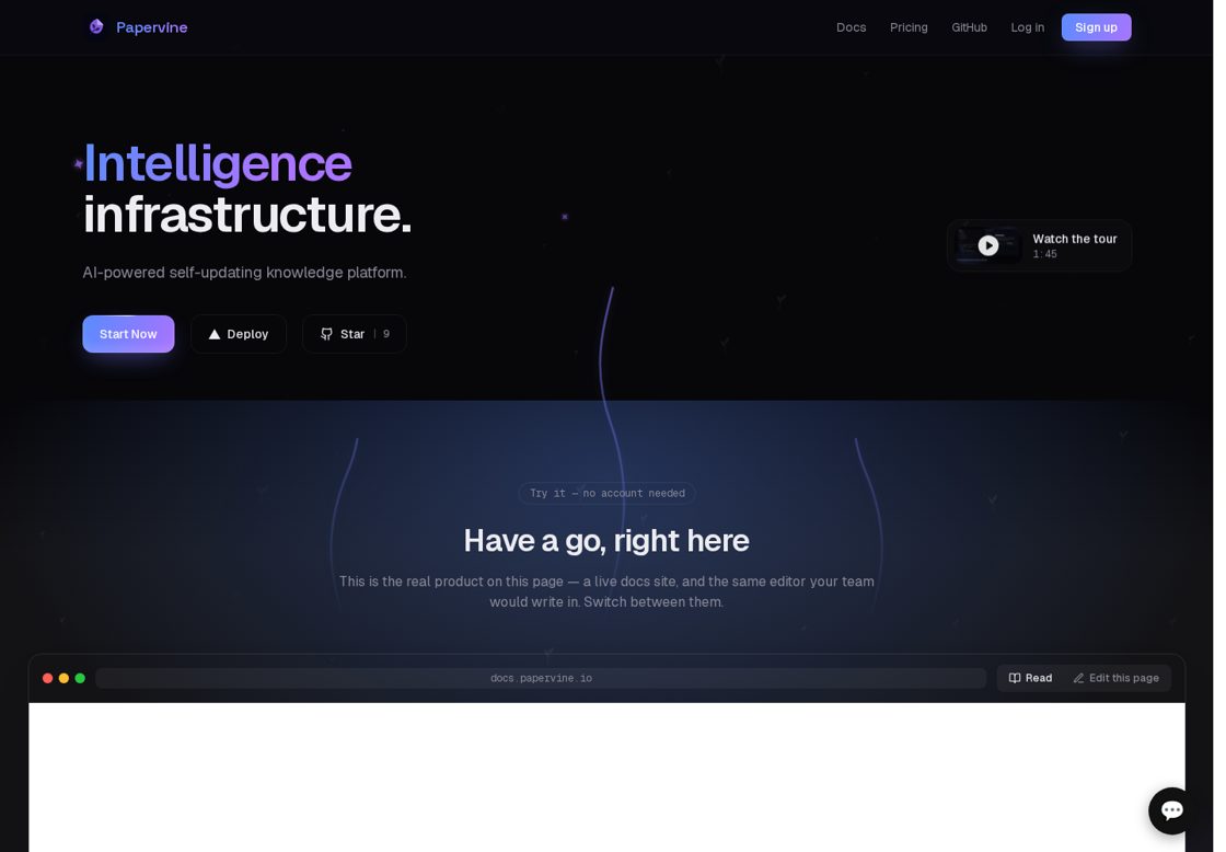 Papervine homepage, first screen