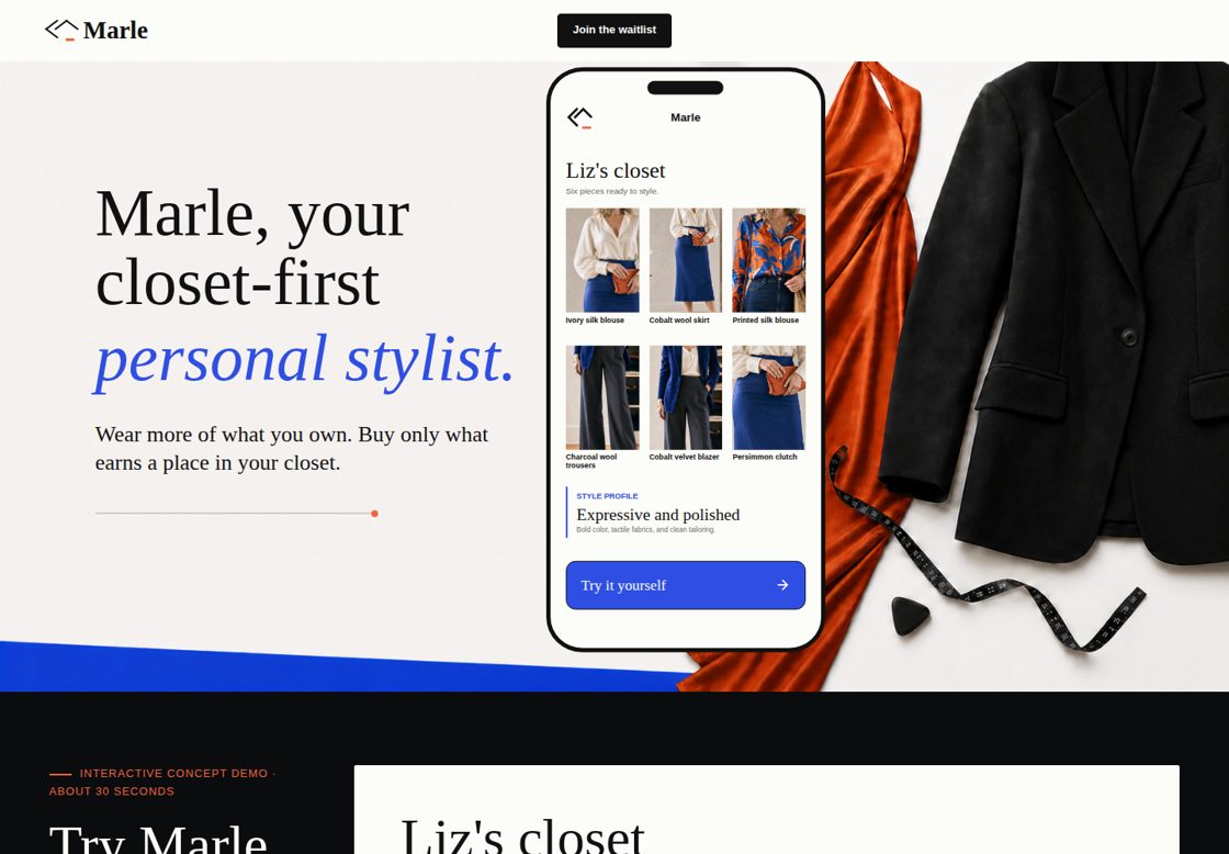 Marle homepage, first screen