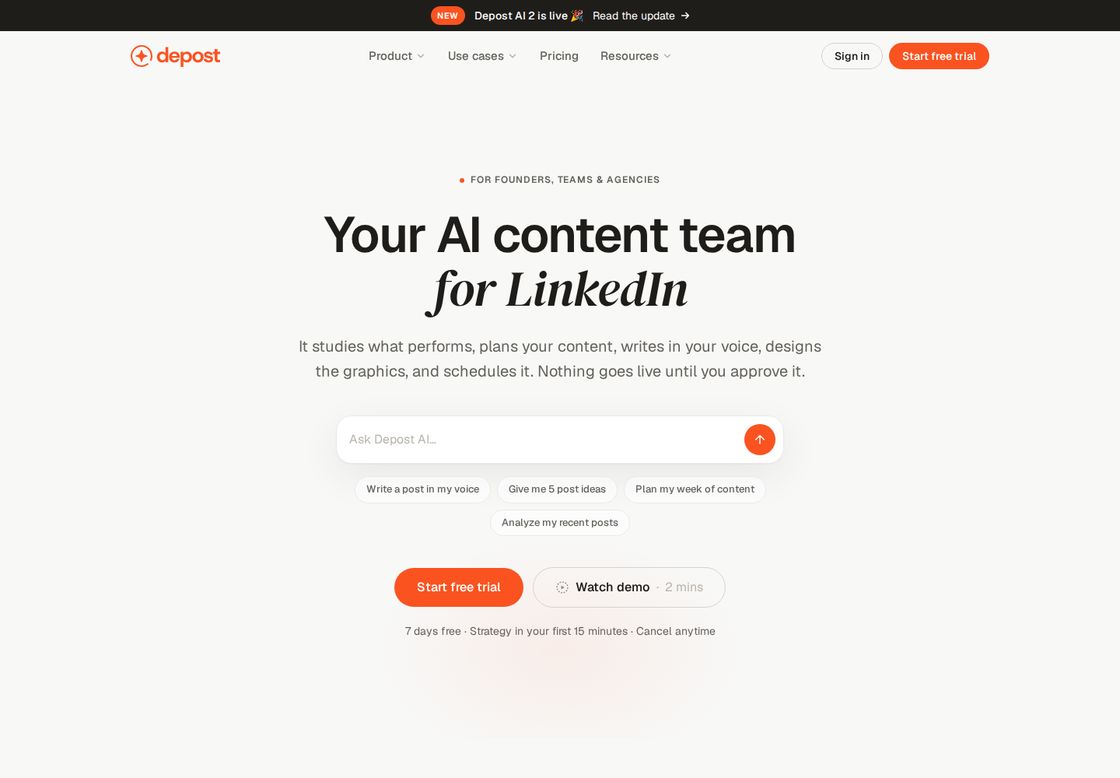 Depost AI homepage, first screen
