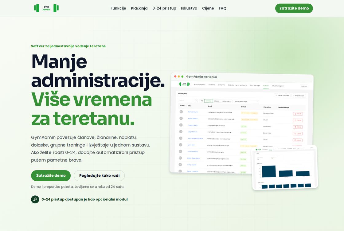 GymAdmin homepage, first screen