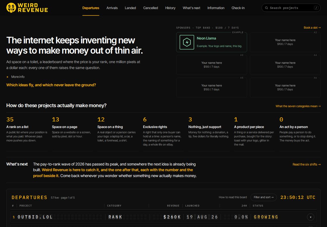 Weird Revenue homepage, first screen
