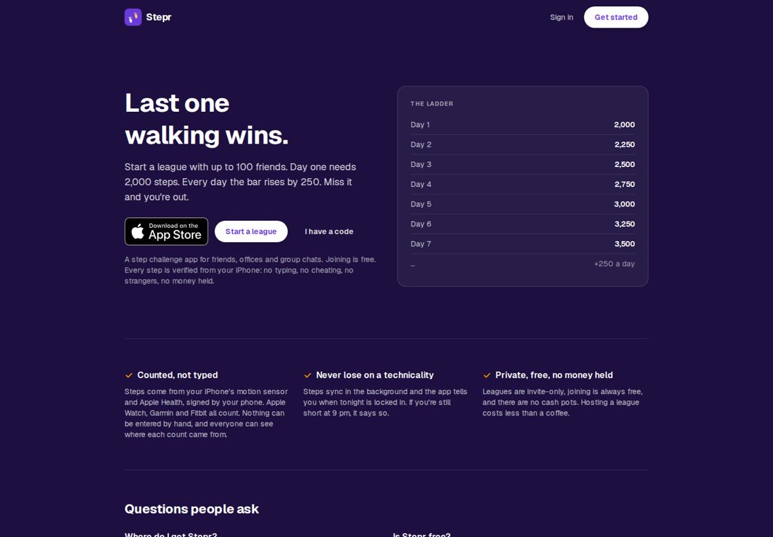 Stepr homepage, first screen
