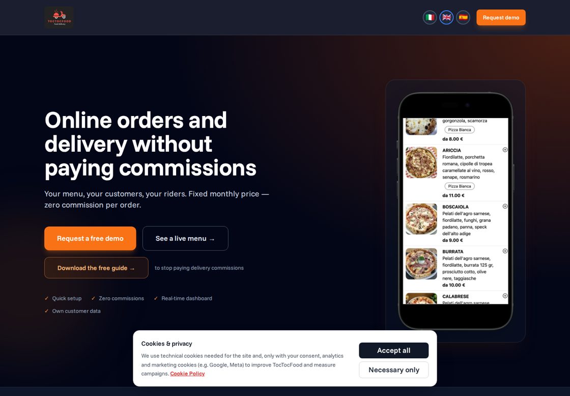 TocTocFood homepage, first screen