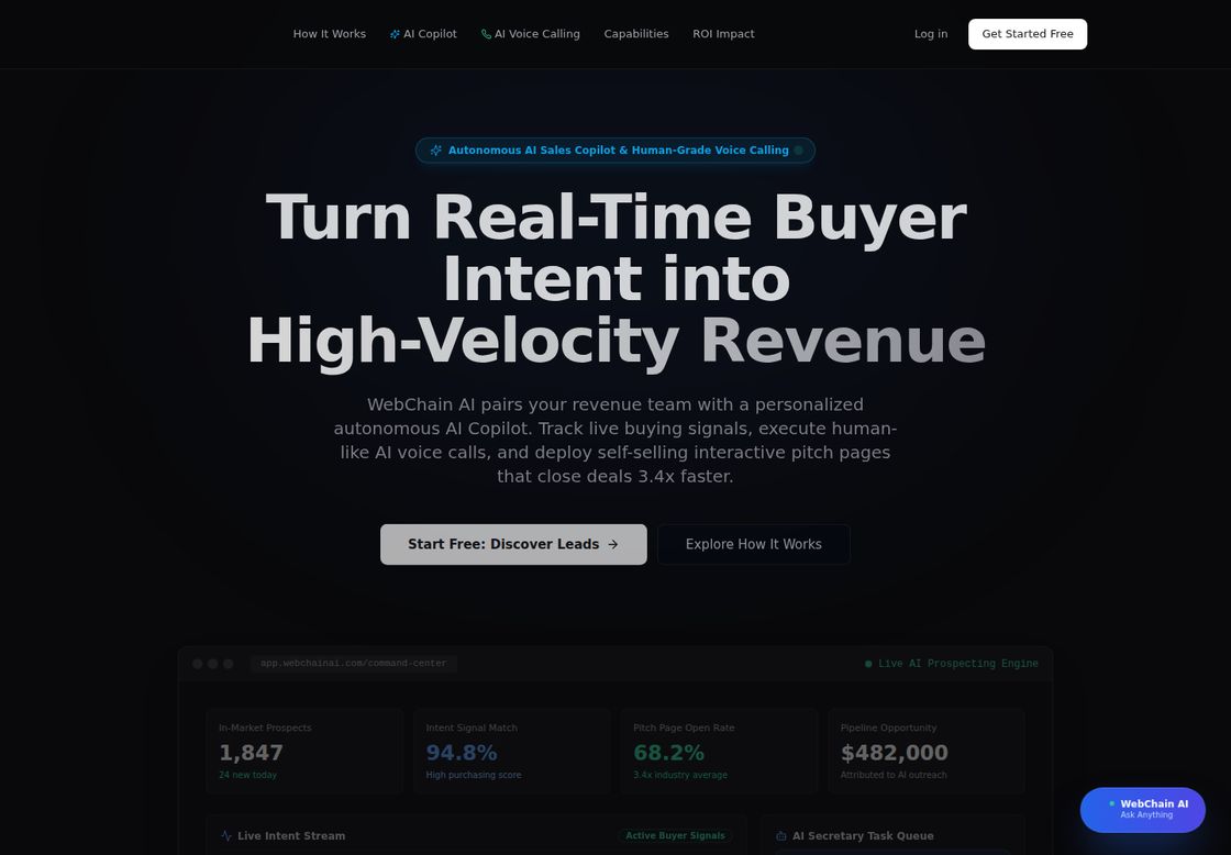 WebChain AI homepage, first screen