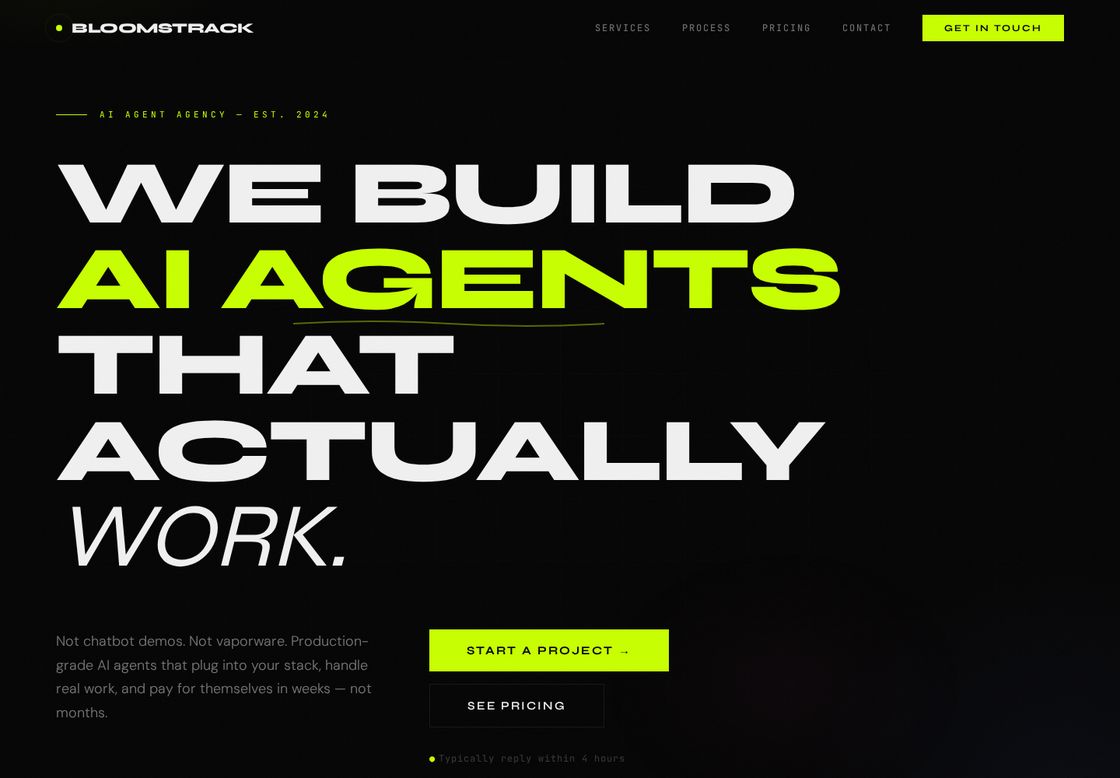 Bloomstrack homepage, first screen