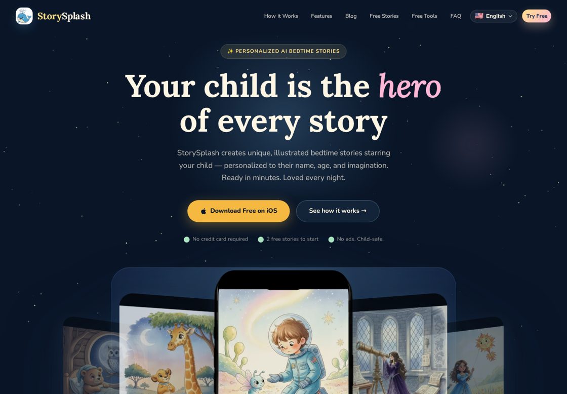 StorySplash homepage, first screen