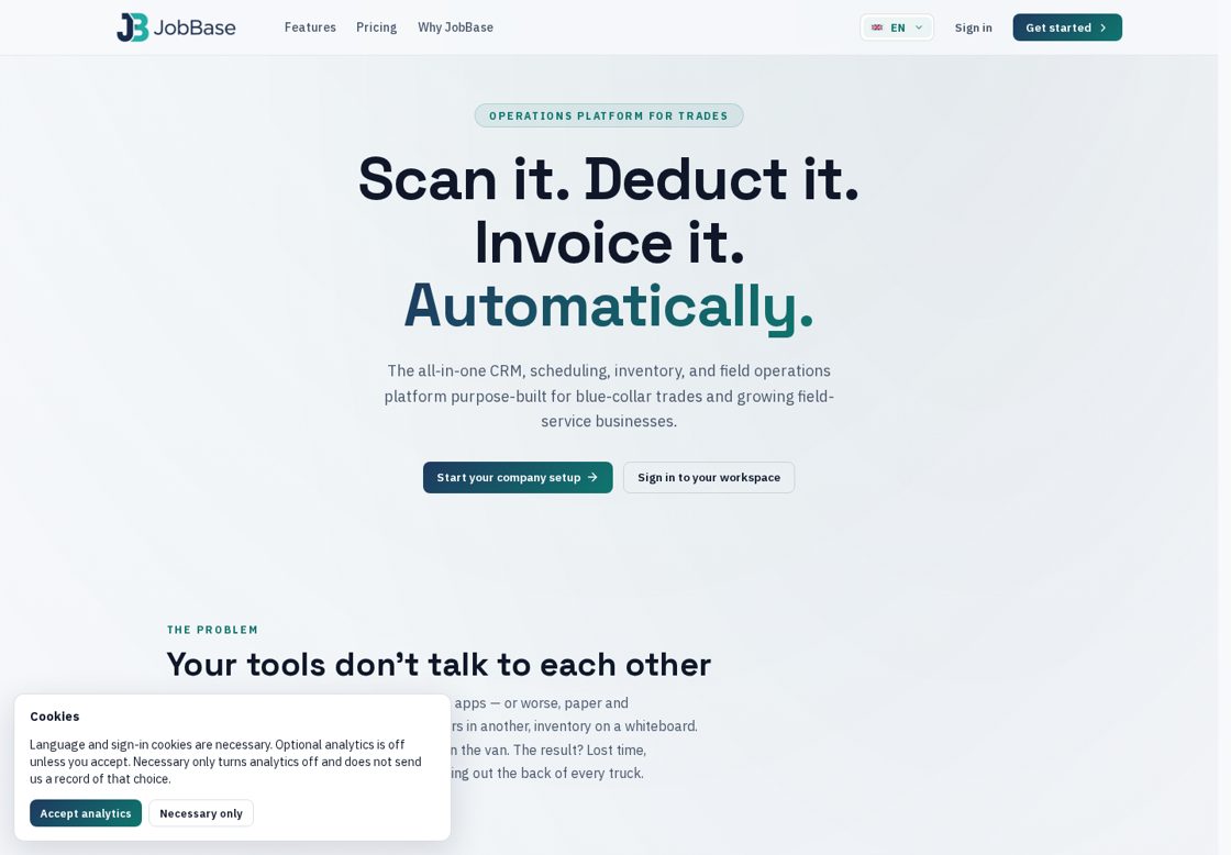 JobBase homepage, first screen