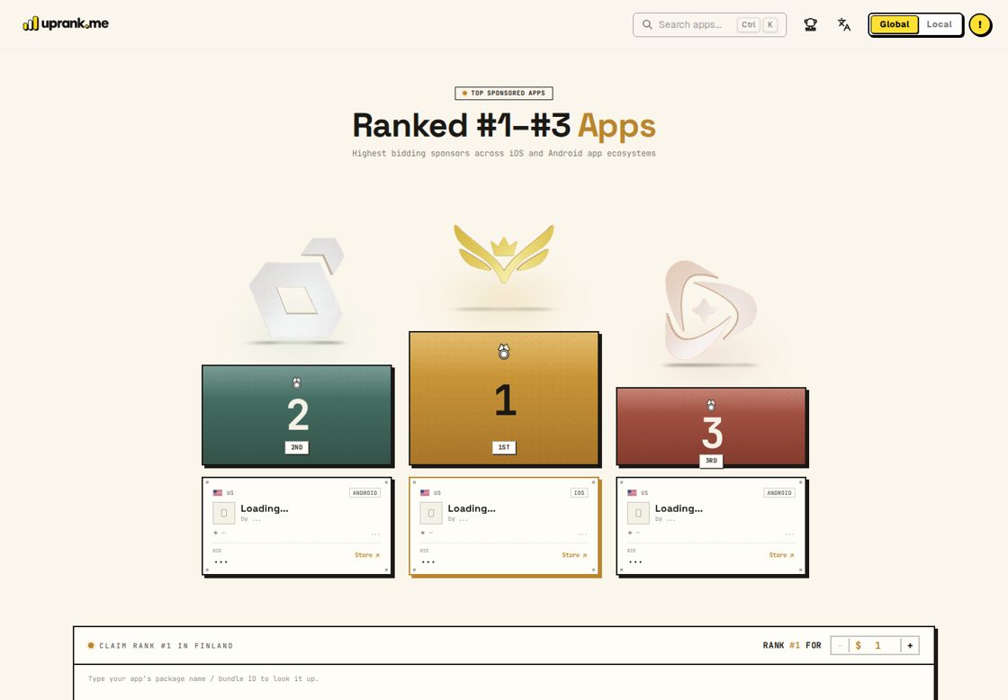 UpRank homepage, first screen